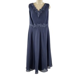 Elegant Steel Blue Grey Maxi Dress with Floral Details